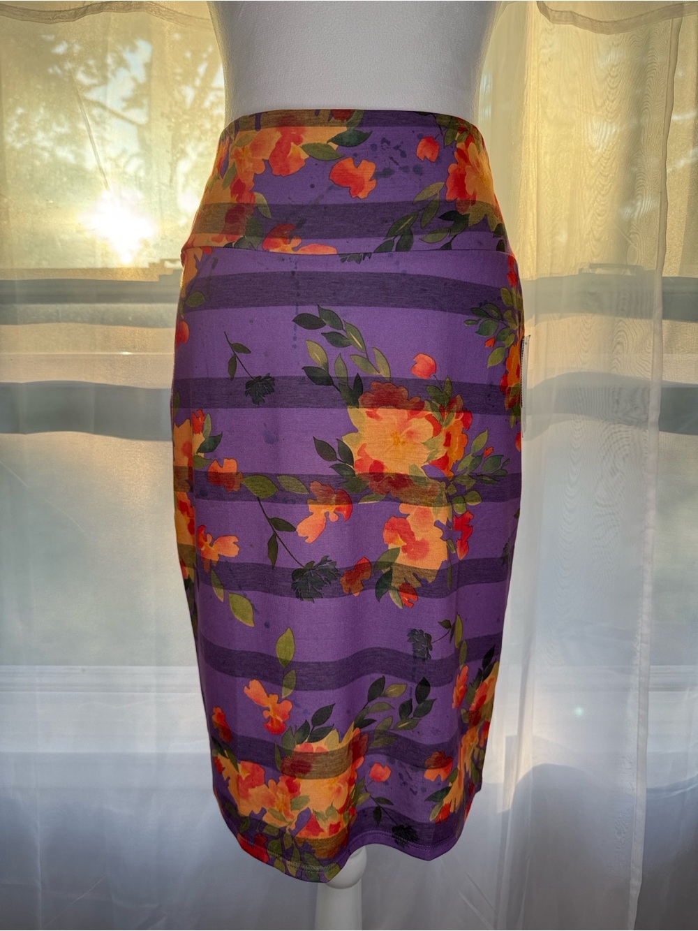LuLaRoe Purple Floral Pencil Skirt with Orange-Yellow Blooms